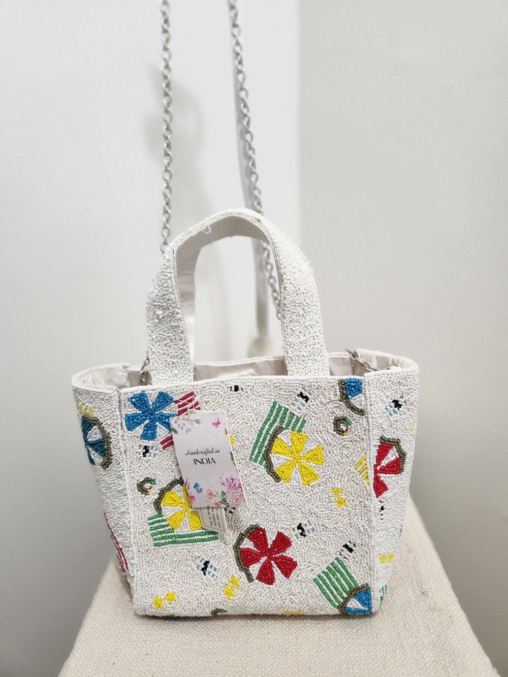 Handcrafted White Beaded Mini Toe with Multicolor Floral Motifs! - Picture 6 of 7